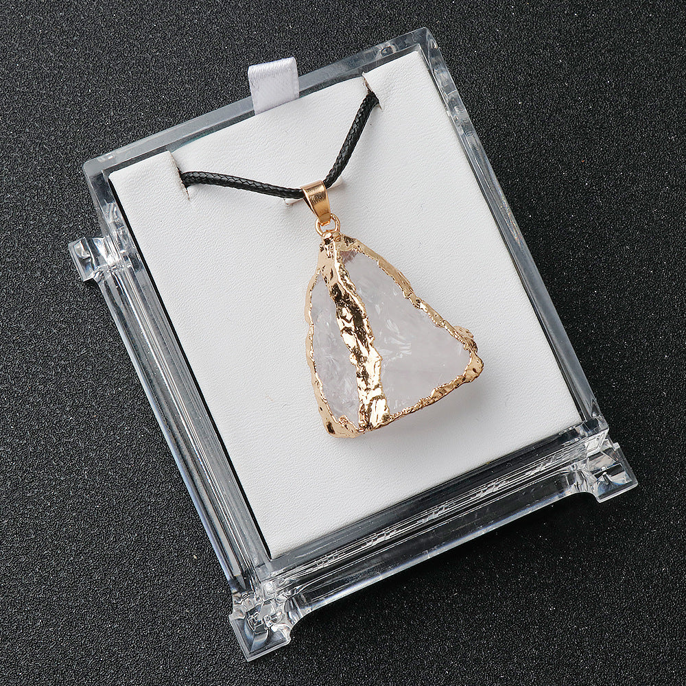 Pentalith Natural Stone Pendant - Gold-Plated Edge, Raw Pink-Purple-White Crystal Stones, Irregular Necklace & Sweater Chain