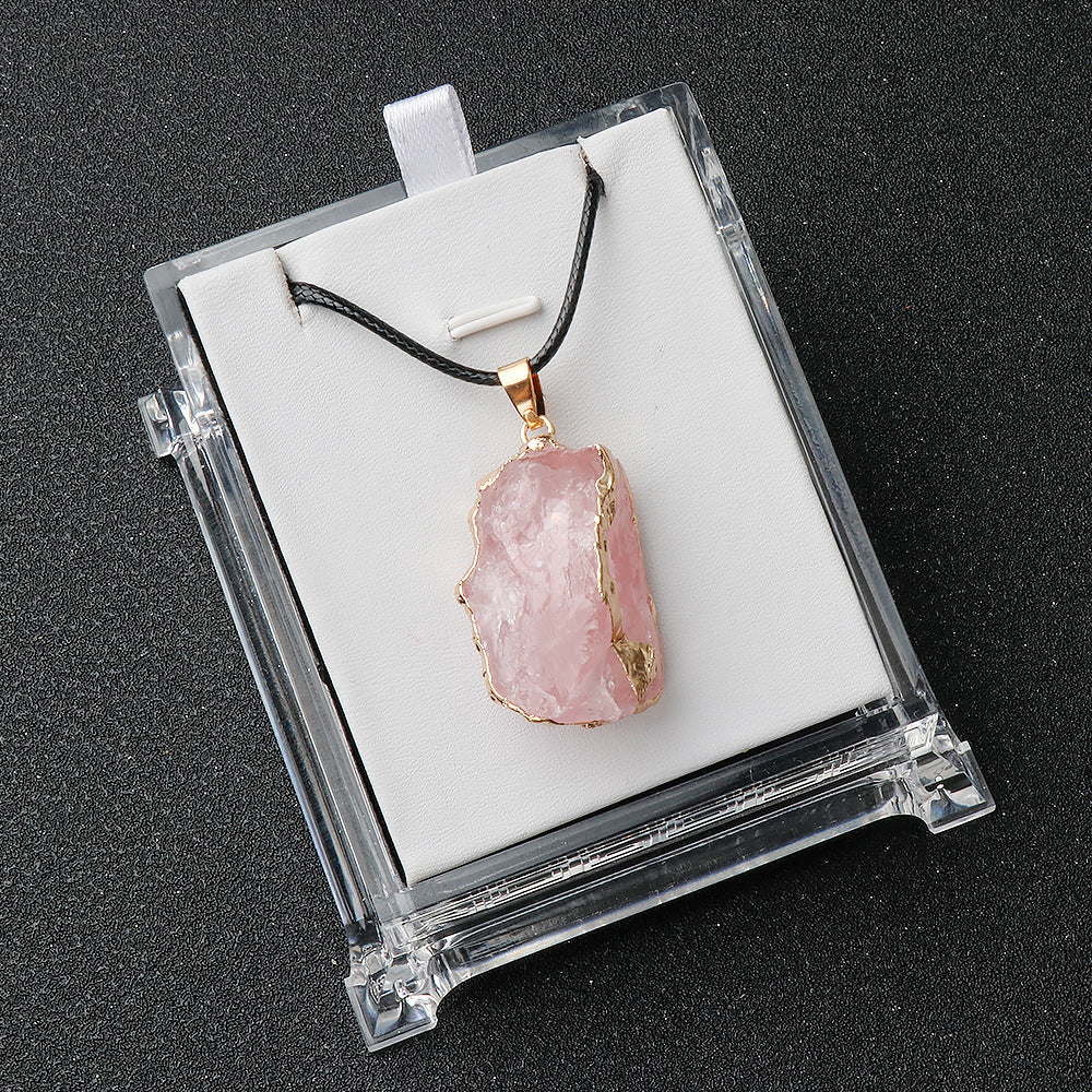 Pentalith Natural Stone Pendant - Gold-Plated Edge, Raw Pink-Purple-White Crystal Stones, Irregular Necklace & Sweater Chain
