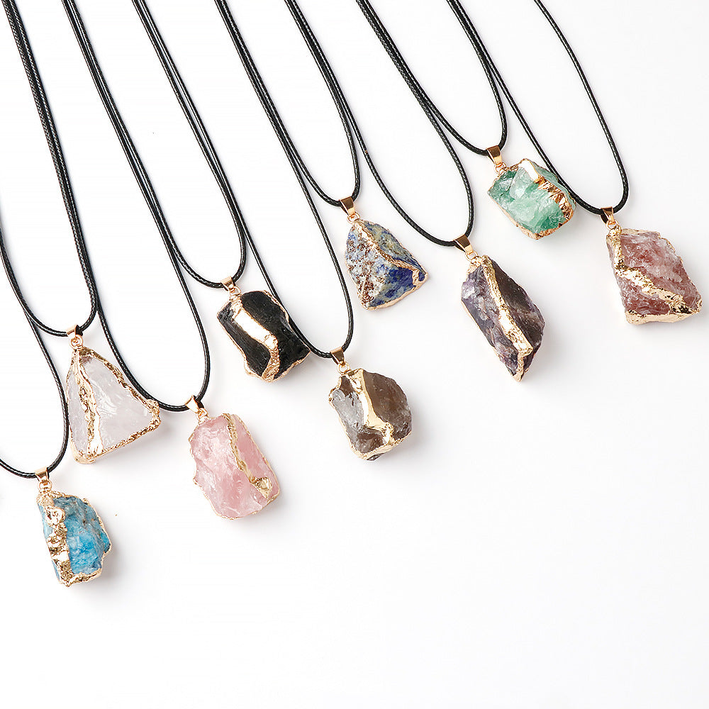 Pentalith Natural Stone Pendant - Gold-Plated Edge, Raw Pink-Purple-White Crystal Stones, Irregular Necklace & Sweater Chain