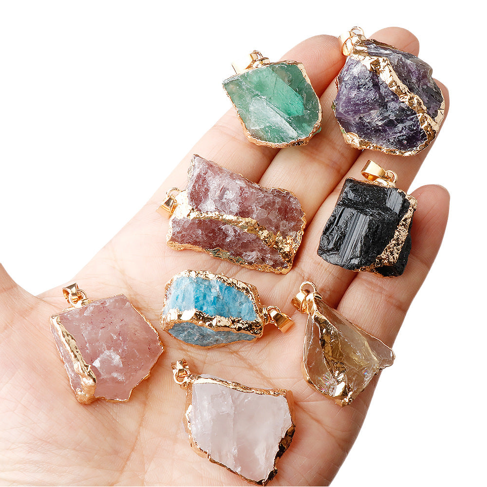 Pentalith Natural Stone Pendant - Gold-Plated Edge, Raw Pink-Purple-White Crystal Stones, Irregular Necklace & Sweater Chain