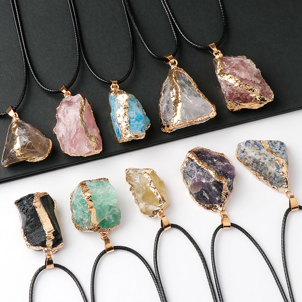 Pentalith Natural Stone Pendant - Gold-Plated Edge, Raw Pink-Purple-White Crystal Stones, Irregular Necklace & Sweater Chain