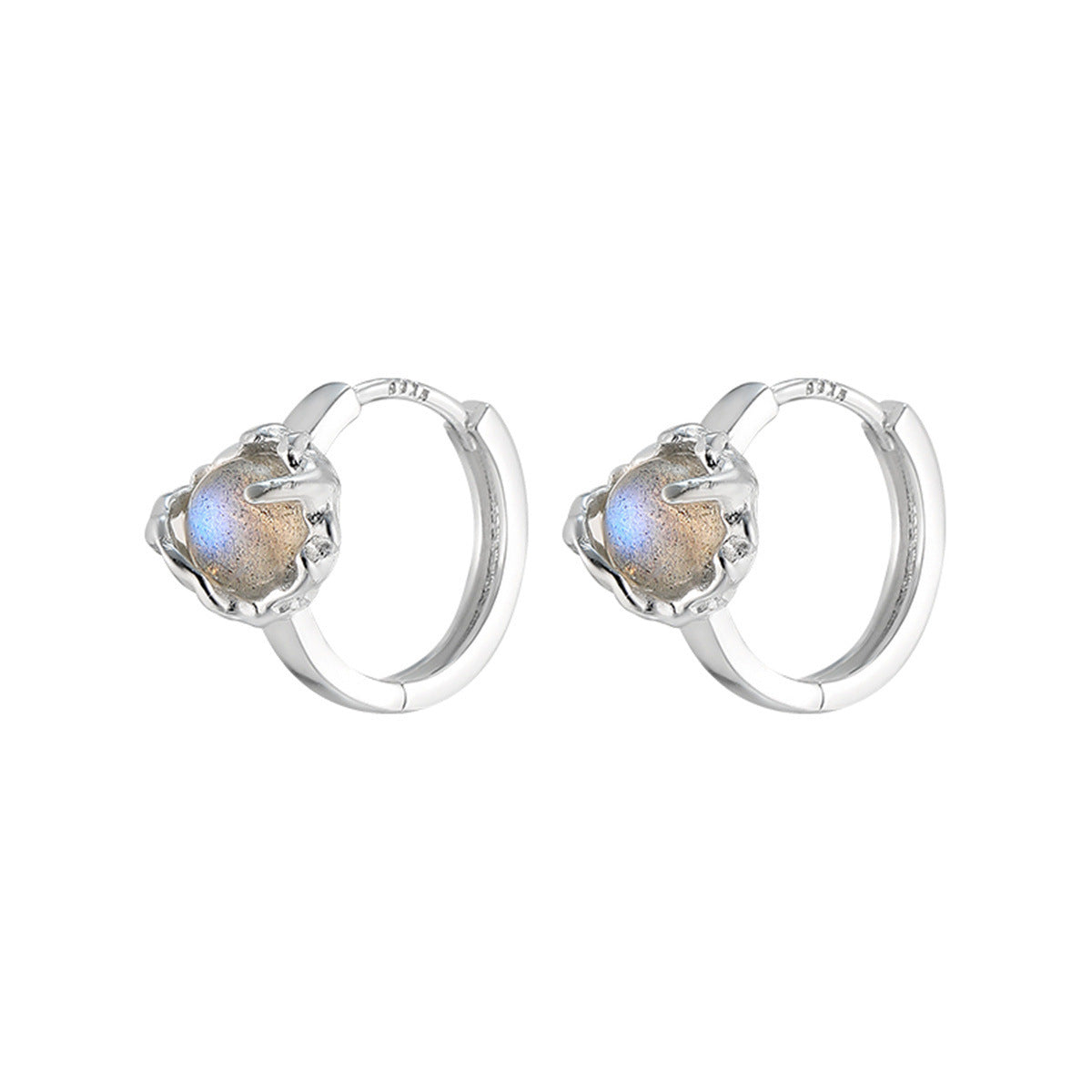 Pentalith Moonstone Earrings for Women - Silver Needle Hoops, Clip-ons with Luxury Light, Sweet, High-end Designer Style, Niche, Vintage Vibes, Versatile & Elegant