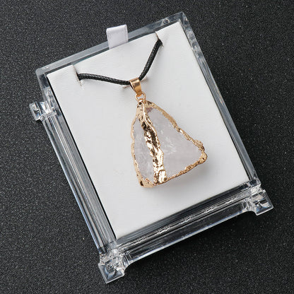 Pentalith Natural Stone Pendant - Gold-Plated Edge, Raw Pink-Purple-White Crystal Stones, Irregular Necklace & Sweater Chain