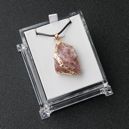 Pentalith Natural Stone Pendant - Gold-Plated Edge, Raw Pink-Purple-White Crystal Stones, Irregular Necklace & Sweater Chain