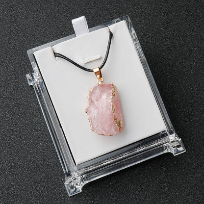 Pentalith Natural Stone Pendant - Gold-Plated Edge, Raw Pink-Purple-White Crystal Stones, Irregular Necklace & Sweater Chain