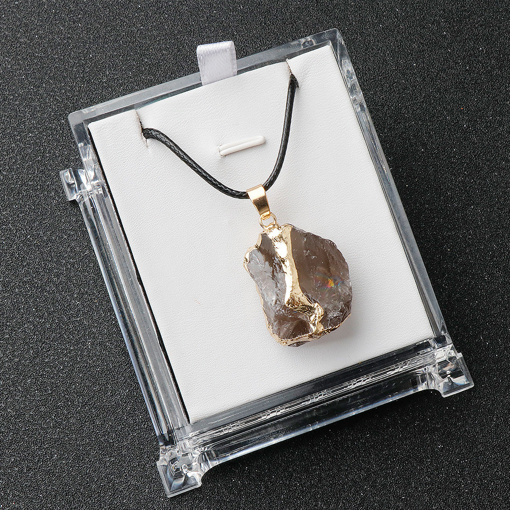 Pentalith Natural Stone Pendant - Gold-Plated Edge, Raw Pink-Purple-White Crystal Stones, Irregular Necklace & Sweater Chain