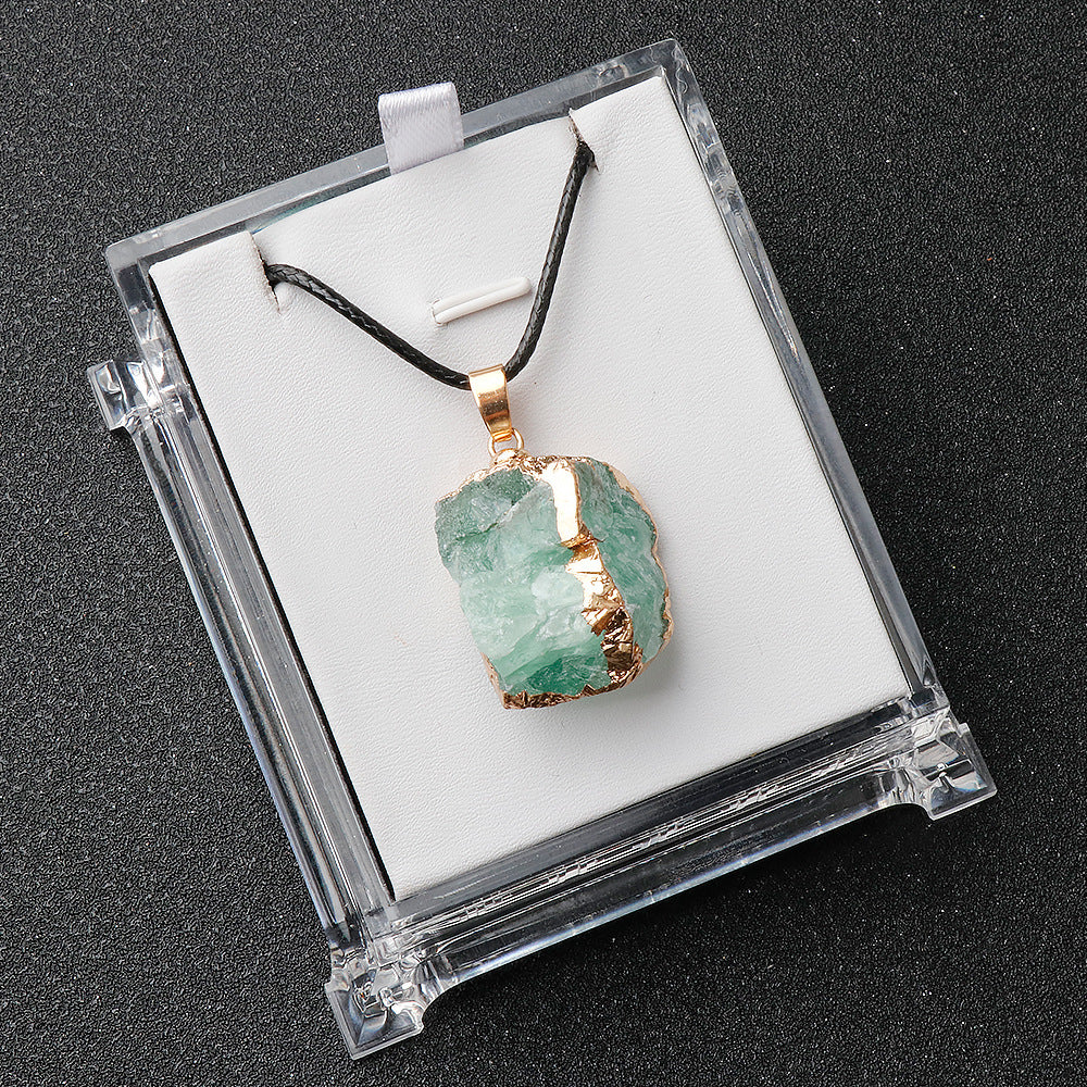 Pentalith Natural Stone Pendant - Gold-Plated Edge, Raw Pink-Purple-White Crystal Stones, Irregular Necklace & Sweater Chain