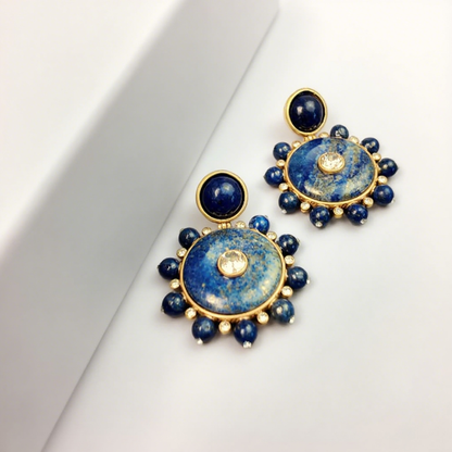 Pentalith Lapis Lazuli Natural Stone Earrings - Round Studs, Diamond-Embedded Compass Design with Vintage & High-End Elegance
