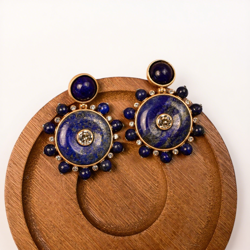 Pentalith Lapis Lazuli Natural Stone Earrings - Round Studs, Diamond-Embedded Compass Design with Vintage & High-End Elegance