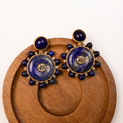 Pentalith Lapis Lazuli Natural Stone Earrings - Round Studs, Diamond-Embedded Compass Design with Vintage & High-End Elegance