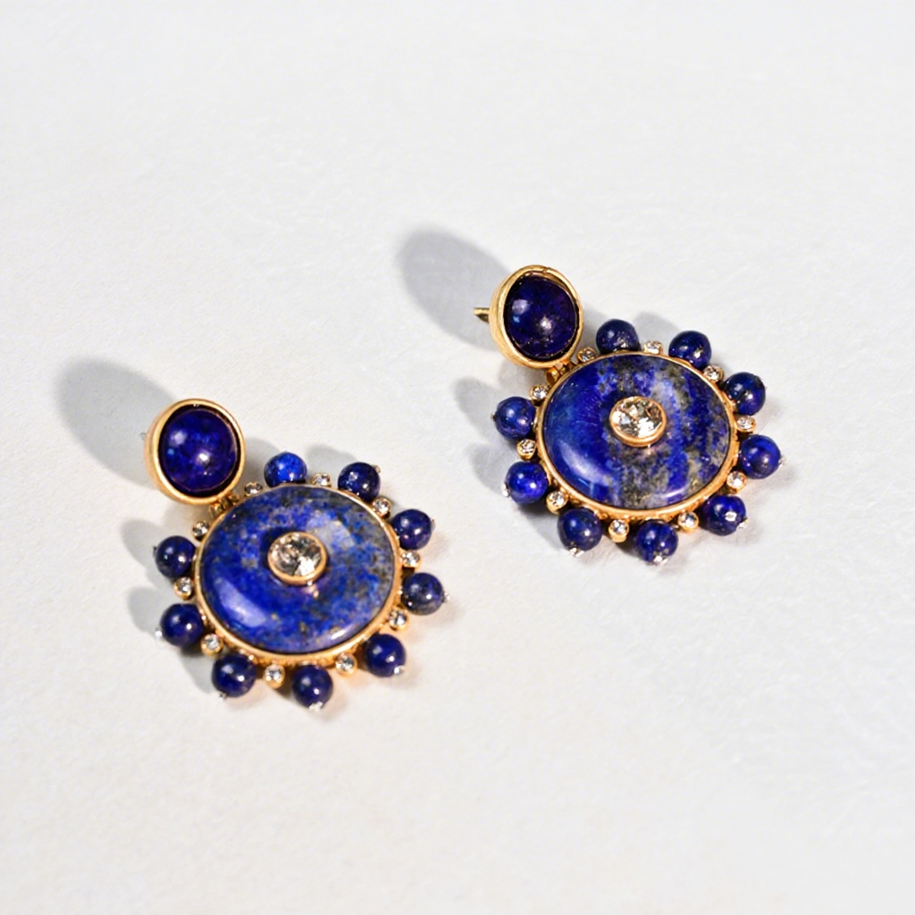 Pentalith Lapis Lazuli Natural Stone Earrings - Round Studs, Diamond-Embedded Compass Design with Vintage & High-End Elegance