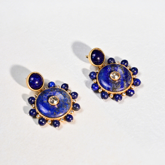 Pentalith Lapis Lazuli Natural Stone Earrings - Round Studs, Diamond-Embedded Compass Design with Vintage & High-End Elegance