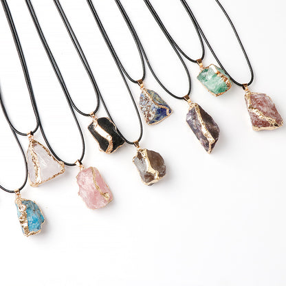 Pentalith Natural Stone Pendant - Gold-Plated Edge, Raw Pink-Purple-White Crystal Stones, Irregular Necklace & Sweater Chain