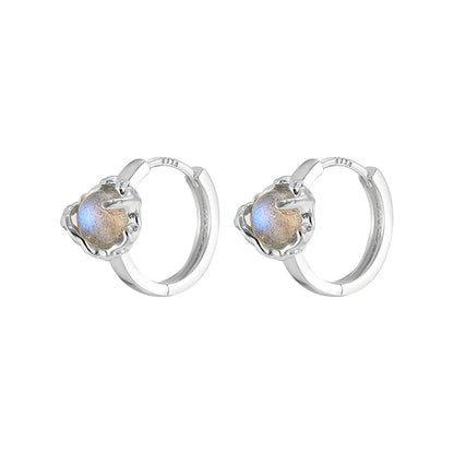 Pentalith Moonstone Earrings for Women - Silver Needle Hoops, Clip-ons with Luxury Light, Sweet, High-end Designer Style, Niche, Vintage Vibes, Versatile & Elegant