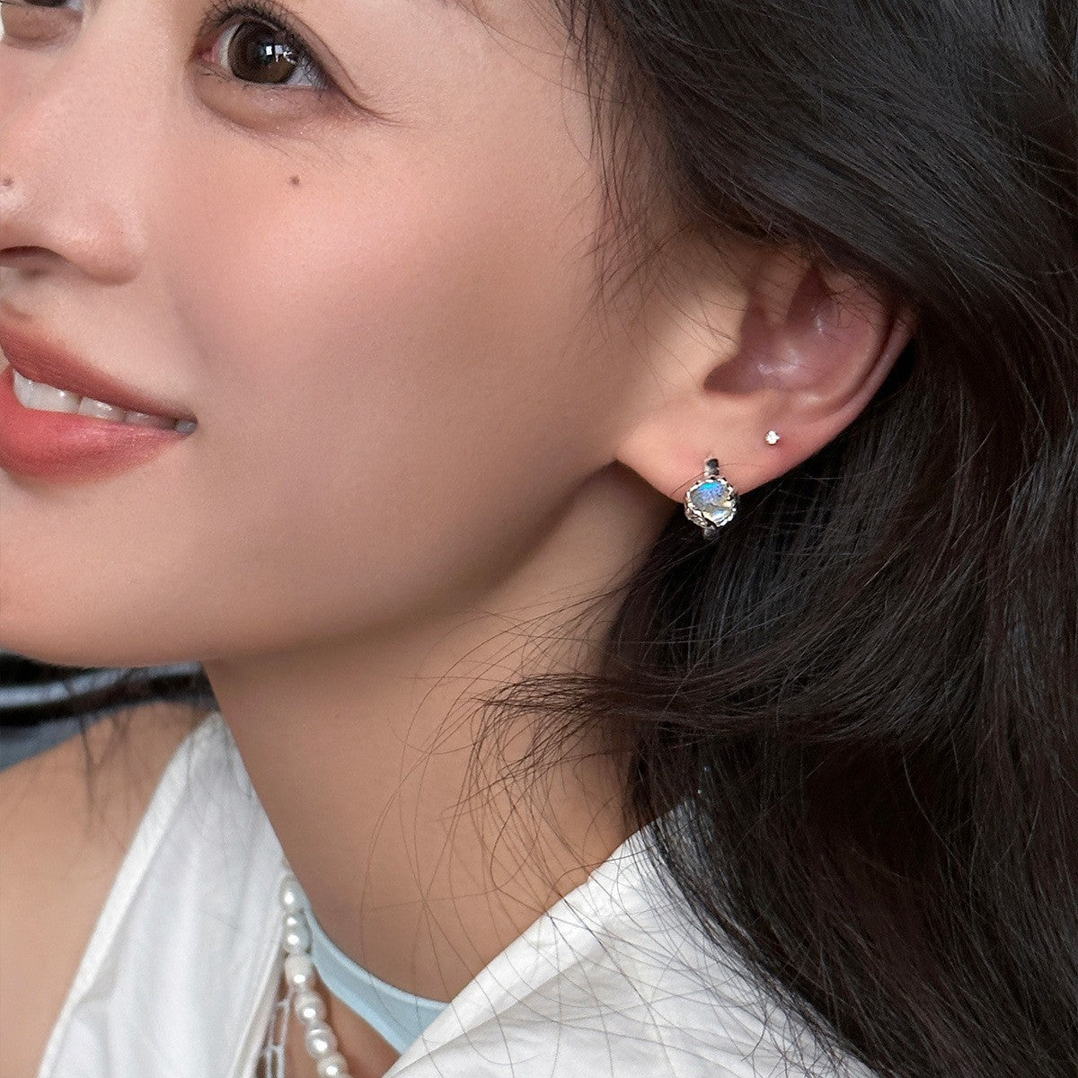 Pentalith Moonstone Earrings for Women - Silver Needle Hoops, Clip-ons with Luxury Light, Sweet, High-end Designer Style, Niche, Vintage Vibes, Versatile & Elegant