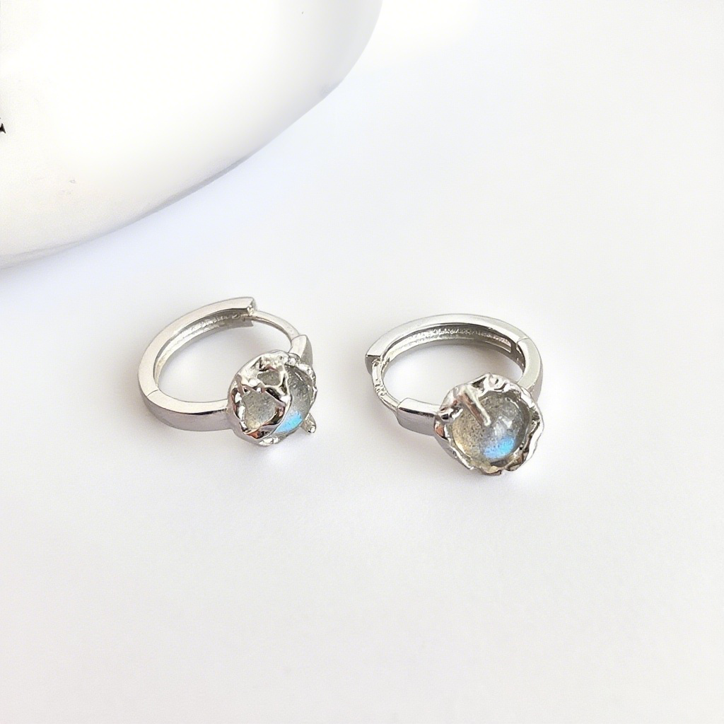 Pentalith Moonstone Earrings for Women - Silver Needle Hoops, Clip-ons with Luxury Light, Sweet, High-end Designer Style, Niche, Vintage Vibes, Versatile & Elegant