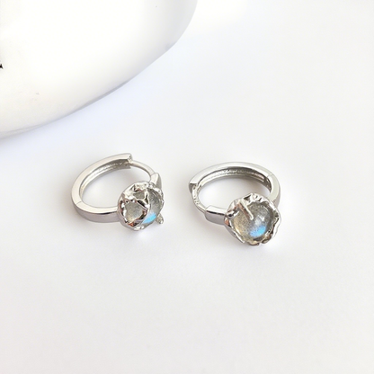Pentalith Moonstone Earrings for Women - Silver Needle Hoops, Clip-ons with Luxury Light, Sweet, High-end Designer Style, Niche, Vintage Vibes, Versatile & Elegant