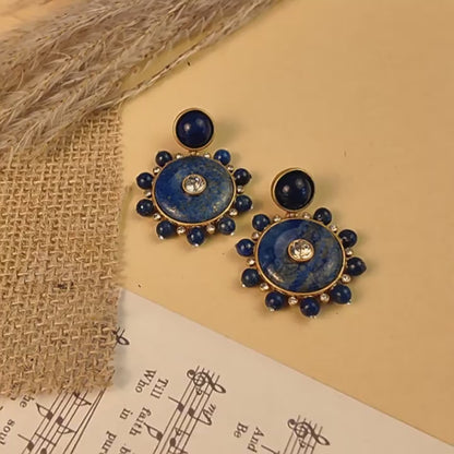 Pentalith Lapis Lazuli Natural Stone Earrings - Round Studs, Diamond-Embedded Compass Design with Vintage & High-End Elegance
